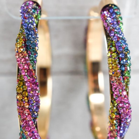 3" Braid Twist Multicolor Rhinestone Hoop Earrings - Picture 9 of 12
